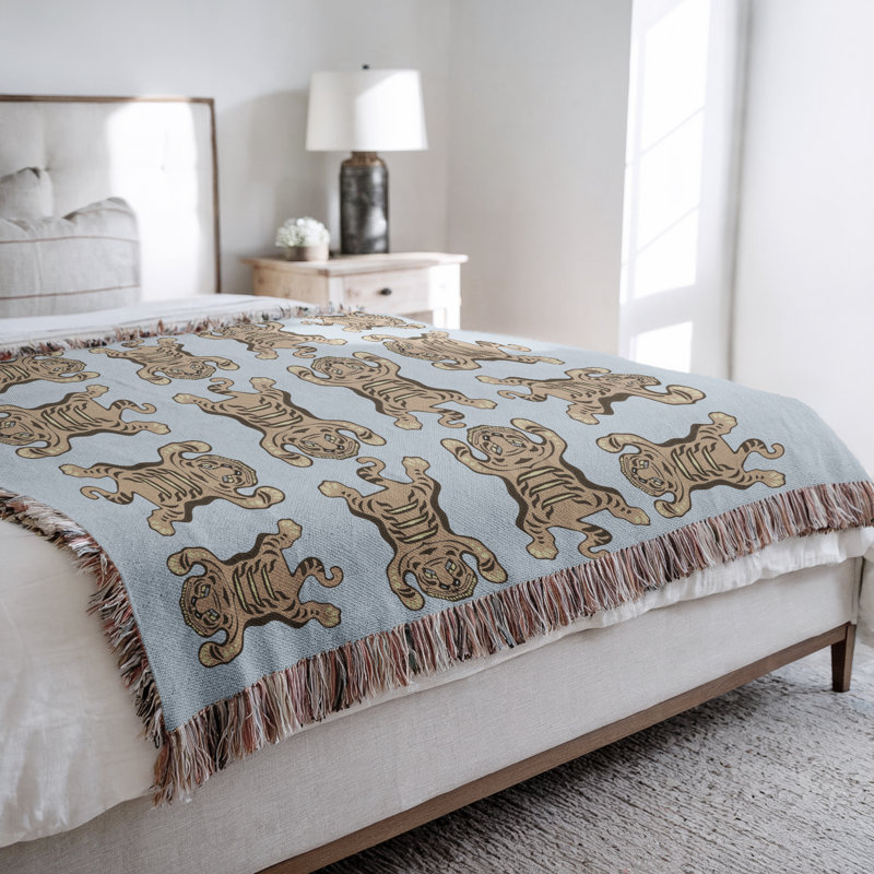 Jeté en mélange de coton Usha, L 60 po x l 50 po, Bleu / Blanc cassé