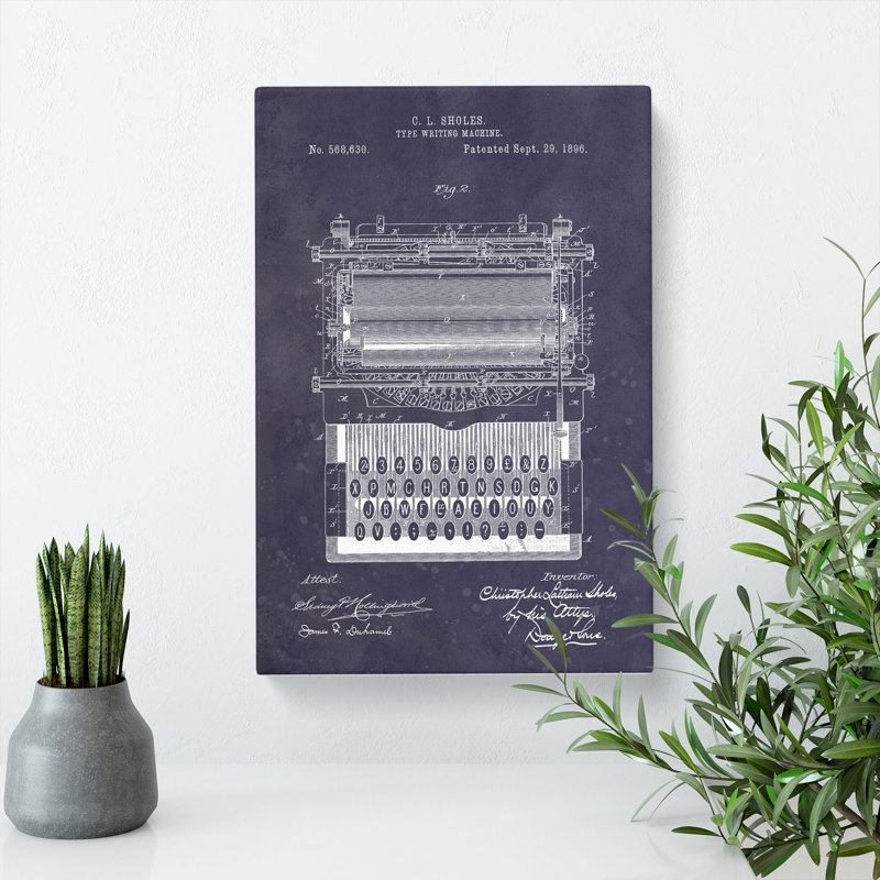 Typewriter Patent Dark - Wrapped Canvas, 50cm H x 35cm W x 3cm D