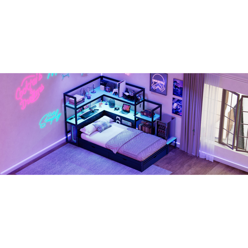 Twin Size Gaming Daybed With Integrated Desk And LED Light, Modern Wooden Bed Frame With 3 Storage Drawers And Built-In Charging Station, Multi-Functional Headboard Bookcase, Black+Blue