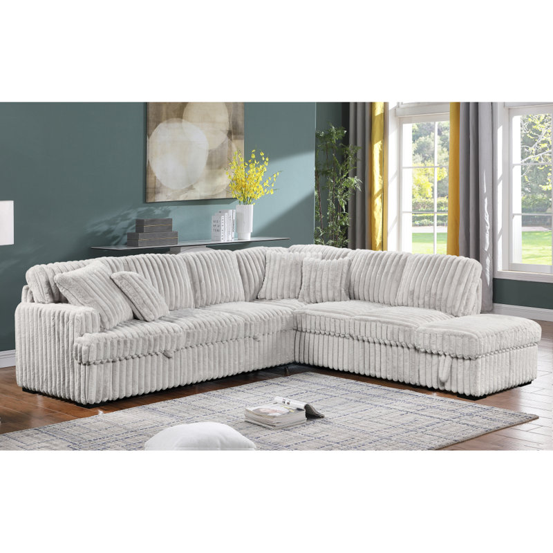 Canapé-lit modulaire en forme de L avec repose-pieds Corduroy, Velours côtelé gris