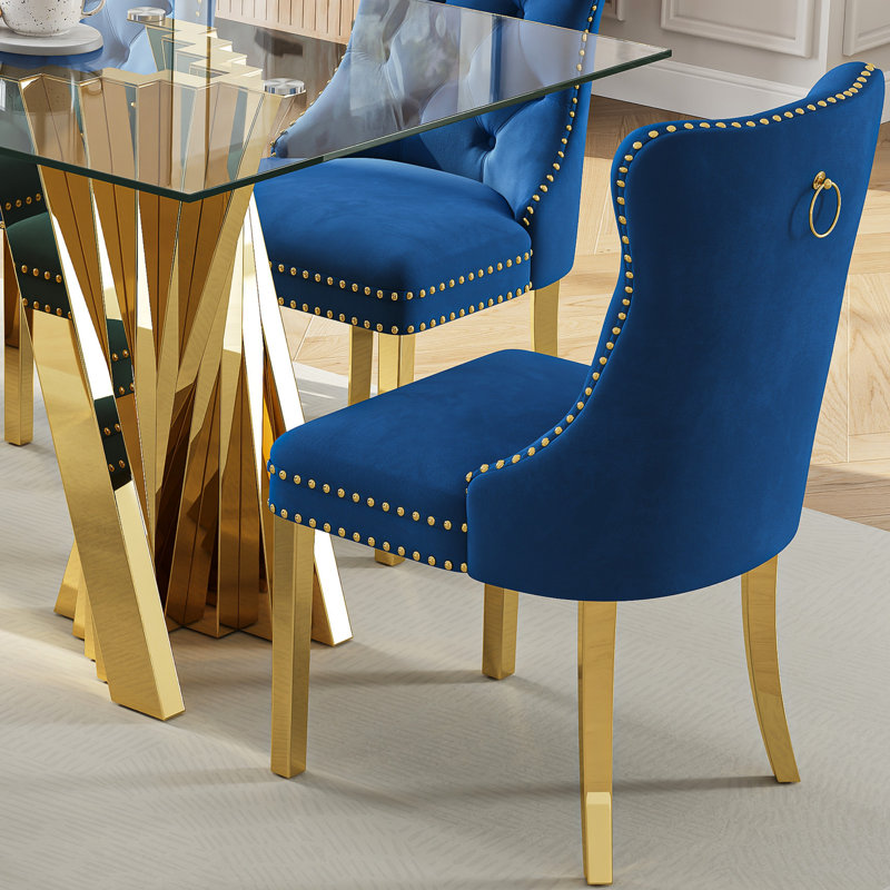 6 - Person Glass Top Double Pedestal Dining Set, Blue/Gold, Gold