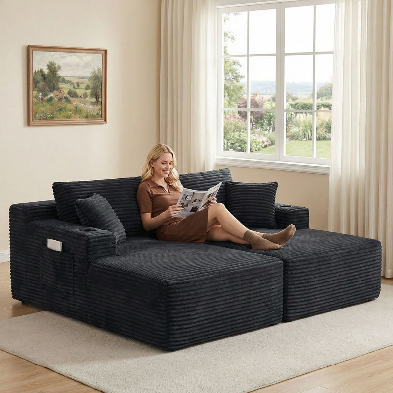 134" Corduroy Sectional Compression Sofa 4 Seat U Shaped Boneless Modular Cloud Couch With 2PCS Chaise & Cup Holder & Side Pocket, No Assembly Required