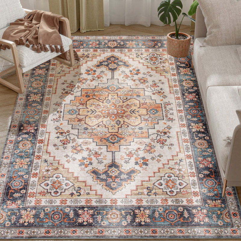 Washable Area Rug,  Vintage Indoor Distressed Carpet, Retro Floor Cover Foldable, Floral Print Mat for Living Room, Bedroom, Dining Room, Tawny Brown