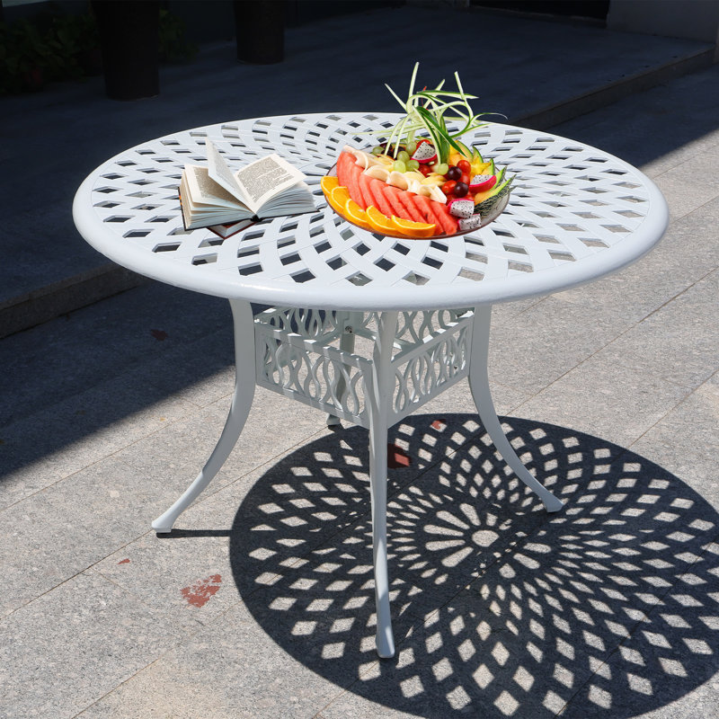 Table de salle à manger ronde 42 po, bistro en fonte d'aluminium avec trou pour parasol 1,97 po, blanc