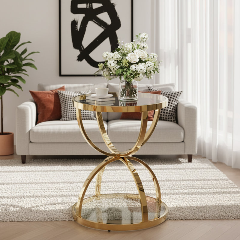 Table d'appoint moderne en verre à structure en anneau à 2 niveaux pour salon, chambre à coucher et bureau, Transparent, Doré