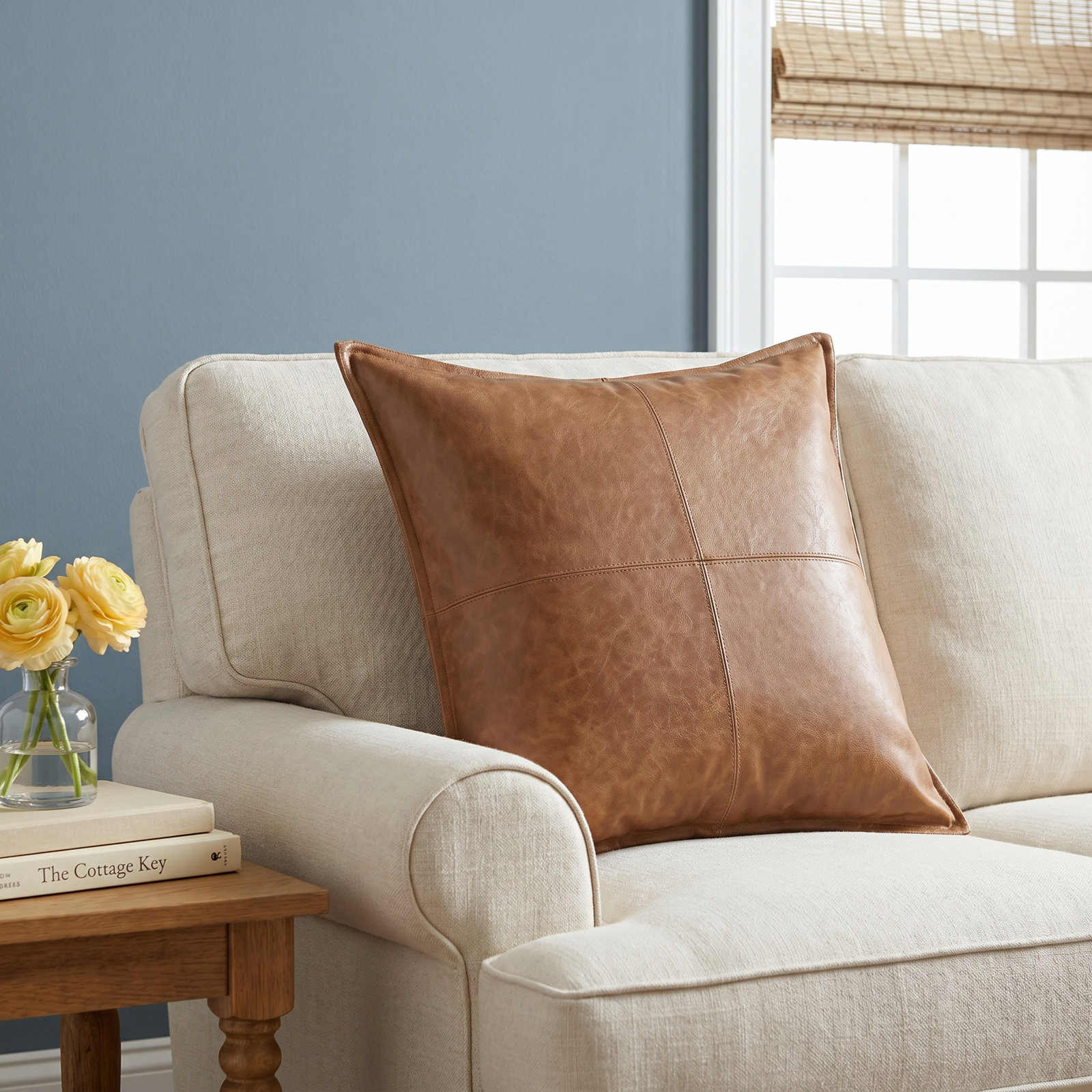Cutler Genuine Leather Throw Pillow, Chestnut, Square 18"