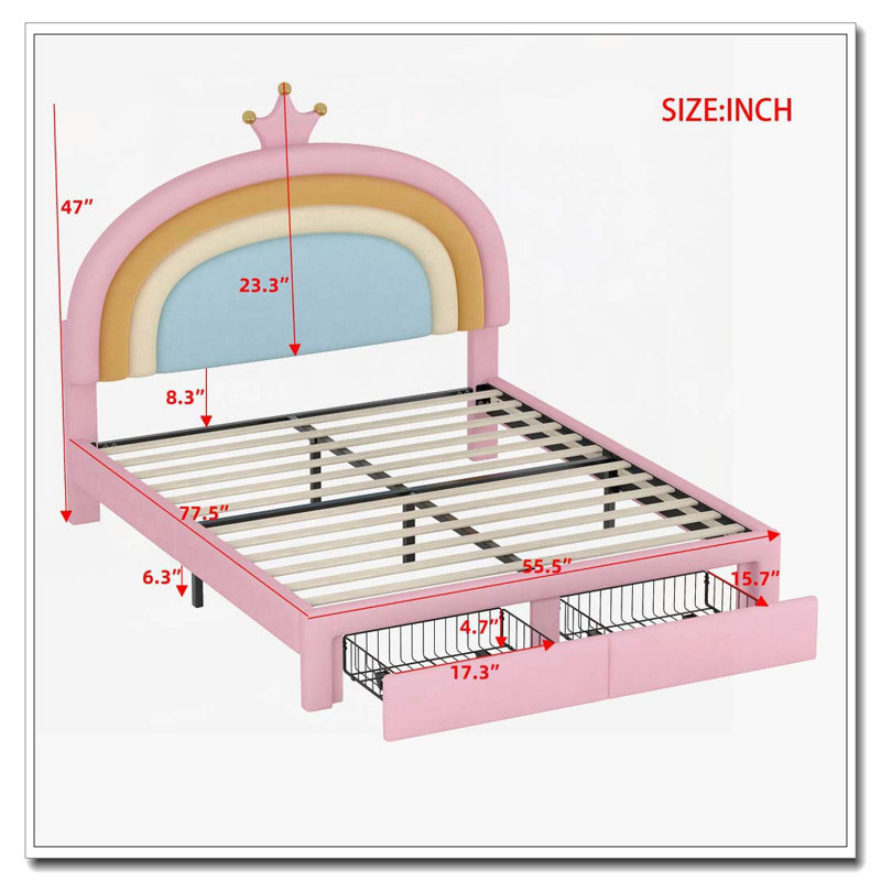 Lit plateforme tapissier en velours avec tiroir de rangement, Lit double