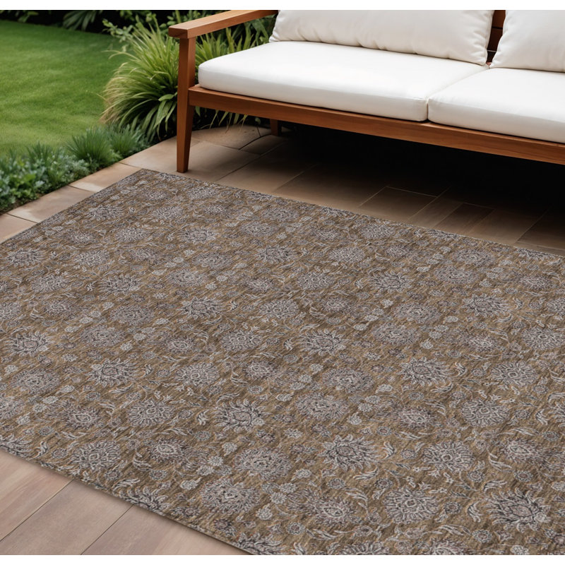 Tapis extérieur lavable floral 10 pi x 14 pi chocolat et gris