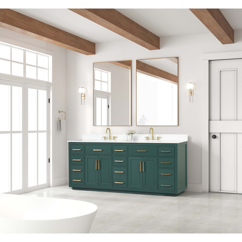 Green Solid Wood 84" Freestanding Double Sink Bathroom Vanity
