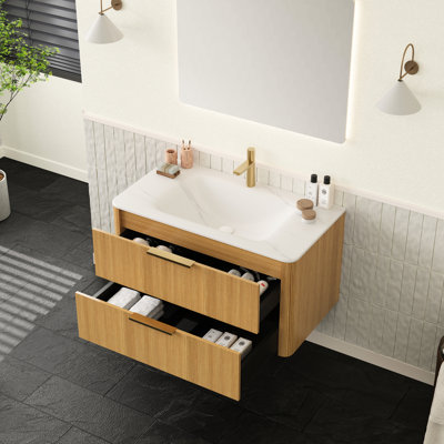Meuble-lavabo 36 po avec lavabo intégré en pierre frittée blanche, armoire à tiroirs flottante en contreplaqué, multi-couches de haute qualité, meuble-lavabo à rebords lisses chauds, grille ultra-mince facile à monter