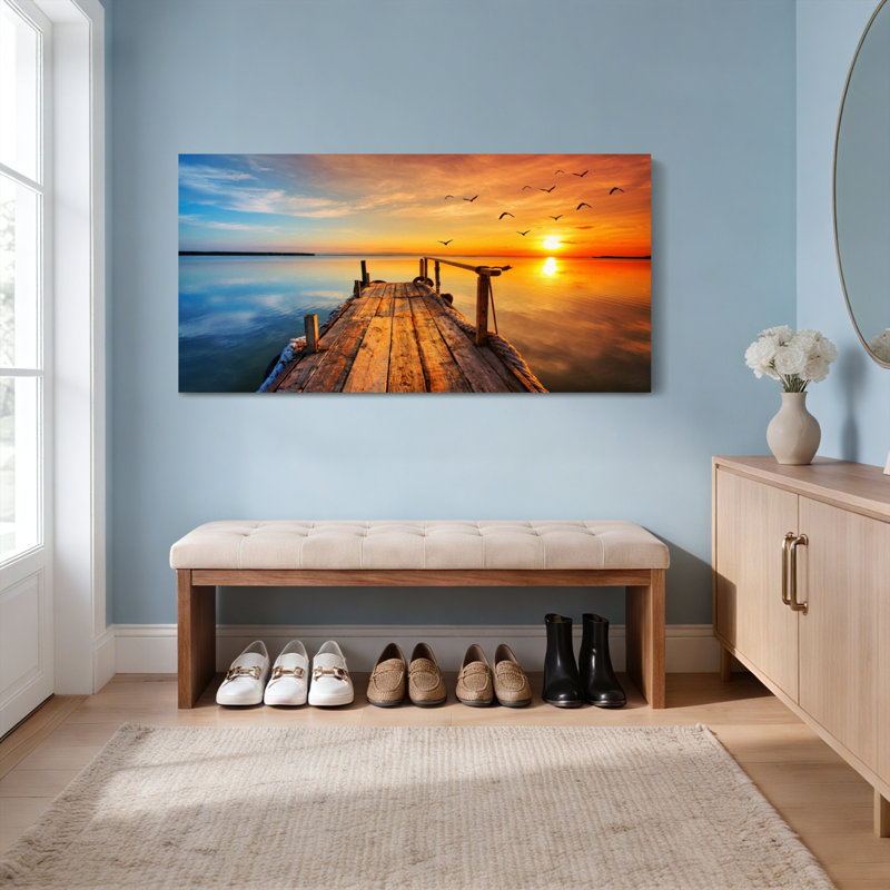 Ensemble de 1 tableau sur toile « Quai au coucher du soleil avec oiseaux », H 20 po x l 40 po