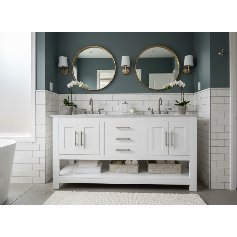 Meuble-lavabo à double cuve - Chêne blanc - Teinte L 84 po 4, 84", Chêne blanc