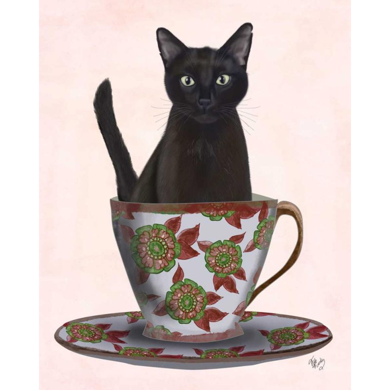 Art sur toile tendue avec trinité Fab "Trinx": Chat noir dans une tasse de thé, H 34 po x l 28 po