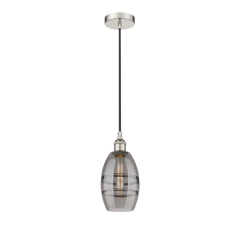 Mini-luminaire suspendu 1 lumière Edison Bettylou-616-G557, Nickel poli, Gris fumée clair, H 8,13 po x l 5,88 po x P 5,88 po