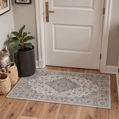 Paillasson traditionnel gris/bleu oriental à poils courts, lavable et antidérapant