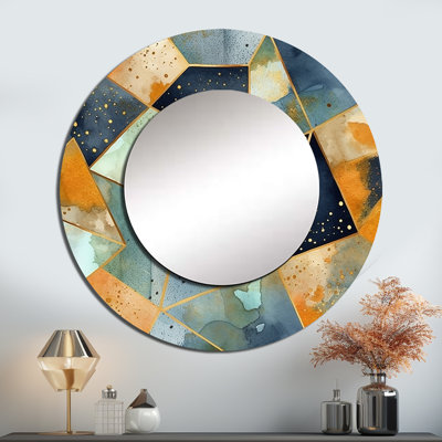 Formes de marbre asymétriques bleues et jaunes - miroir mural géométrique, miroir décoratif rond bleu, impression d'art en métal