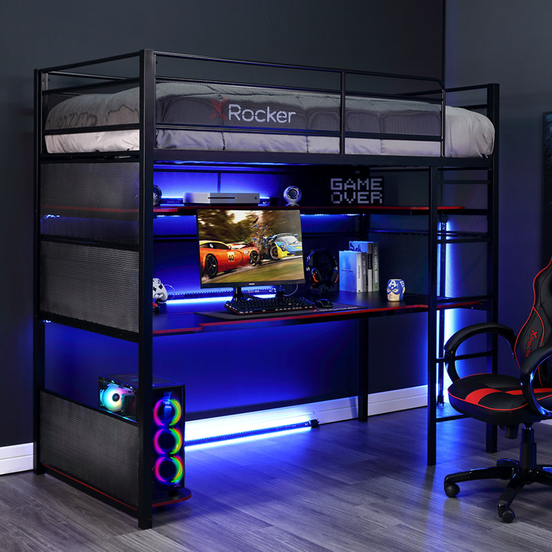 Loft Twin Upholstered Gaming Bunk Bed with Metal Frame and Drawer
