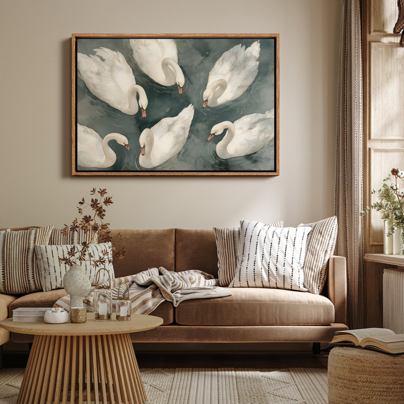 «Graceful White Swans Natation on Calm Water Nature», reproduction d'art encadrée, H 16 po x l 24 po, Naturel
