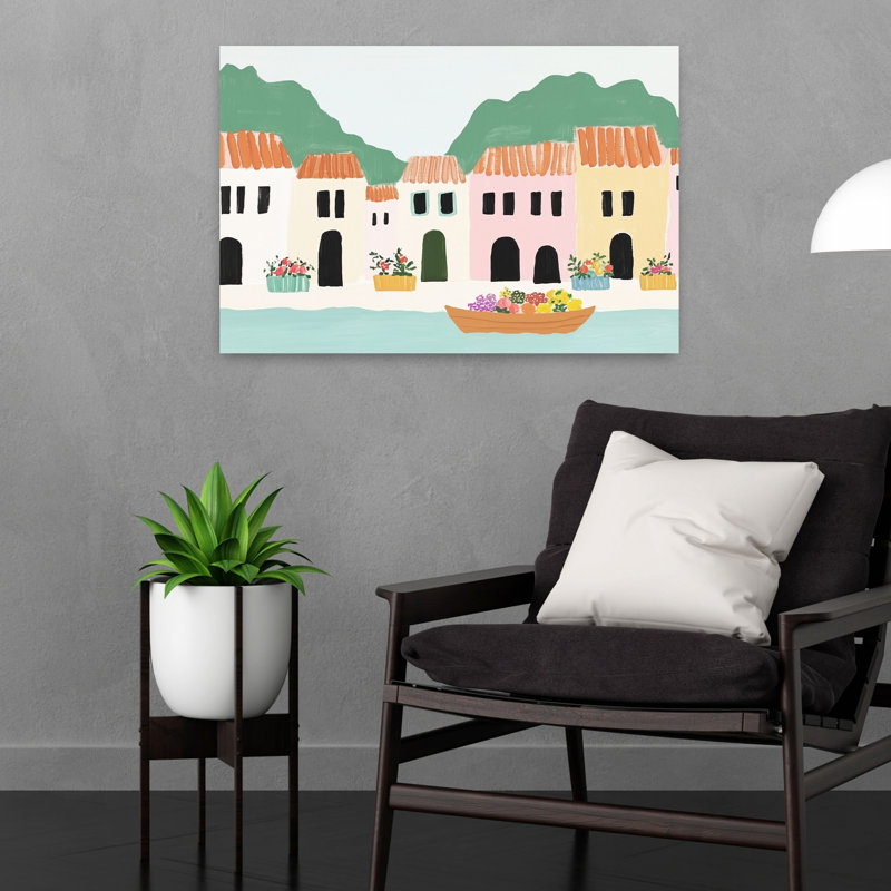 «Colorful Coastal Village», impression d'art contemporain abstrait, H 16 po x l 24 po