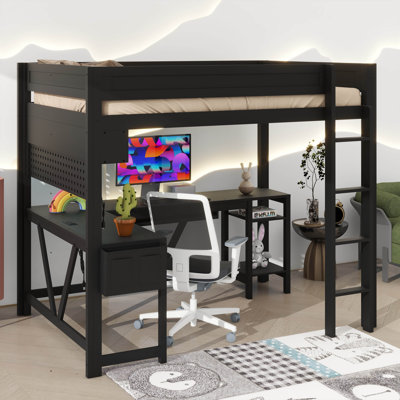 Lit mezzanine double en bois pour jouer, bureau intégré et rangement