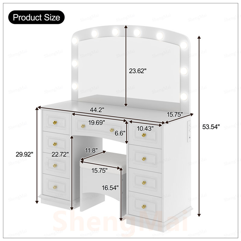 Meuble-lavabo luxueux avec 10 ampoules Hollywood, 3 modes d'éclairage, une coiffeuse classique avec tabouret rembourré et 9 tiroirs de rangement pour la chambre à coucher