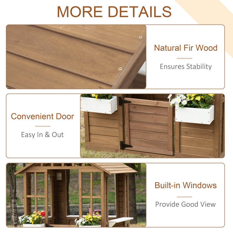 Brown Wooden Outdoor Kids Playhouse with Flowerpot Holders