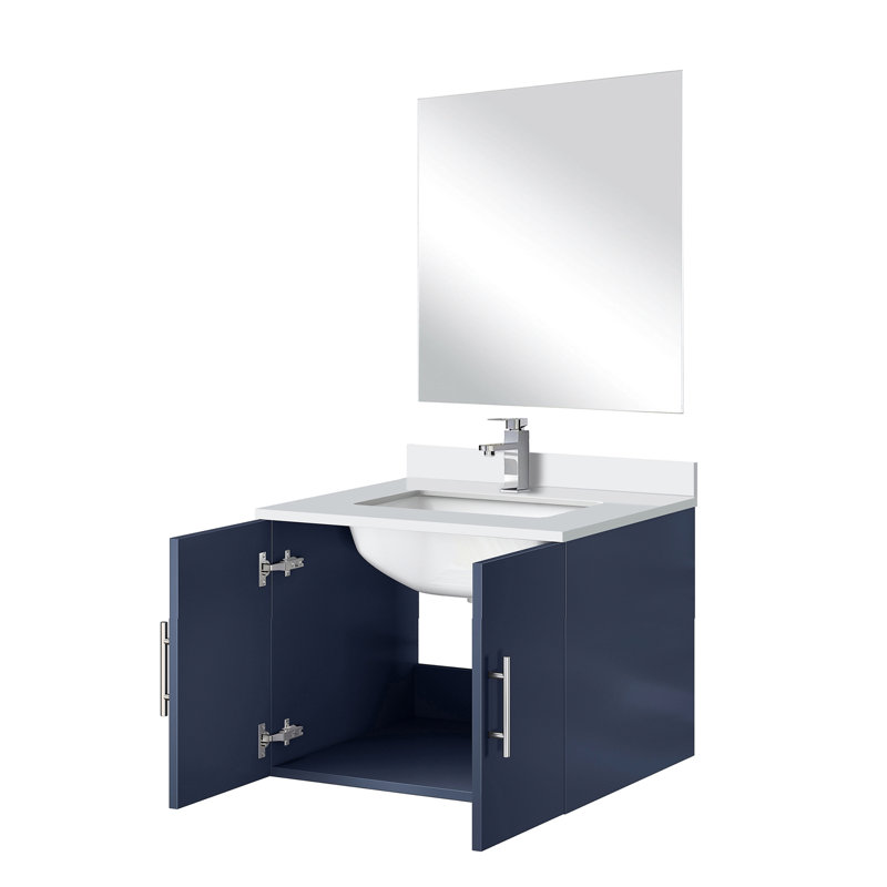 24 po L x P 22 po. Meuble-lavabo bleu marine, comptoir en quartz blanc, miroir 18 po et robinet - teinture Scratch pour une fiabilité et une longévité à long terme