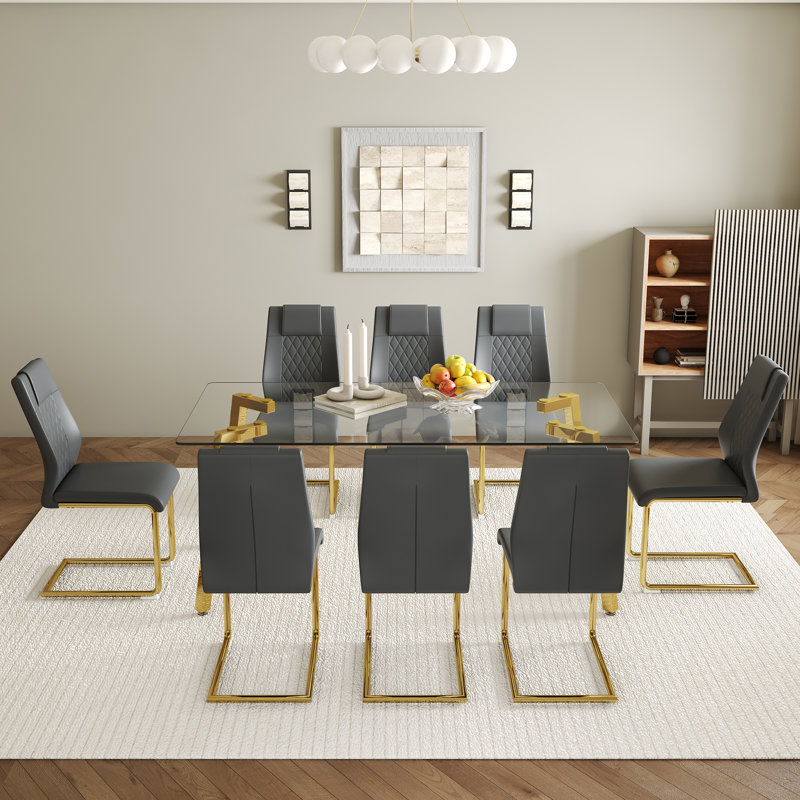 Élégant ensemble de salle à manger rectangulaire en verre 71 pouces avec 8 chaises en cuir synthétique