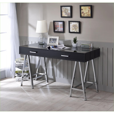 Bureau d'écriture moderne noir ultrabrillant avec port USB, 2 tiroirs, l 54 po x P 22 po x H 32 po | Noir + argent | Bois et métal