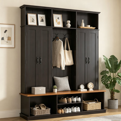 Arbre d'entrée de 62,2 po de largeur avec banc, 3 casiers supérieurs et rangement inférieur, portemanteau avec crochets et armoires pour l'entrée / le couloir / le vestibule / le salon