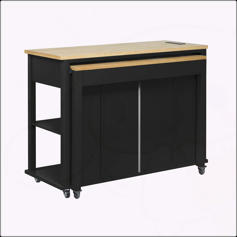 Versatile Kitchen Island with Extendable Table and Multiple Functional Features, Black