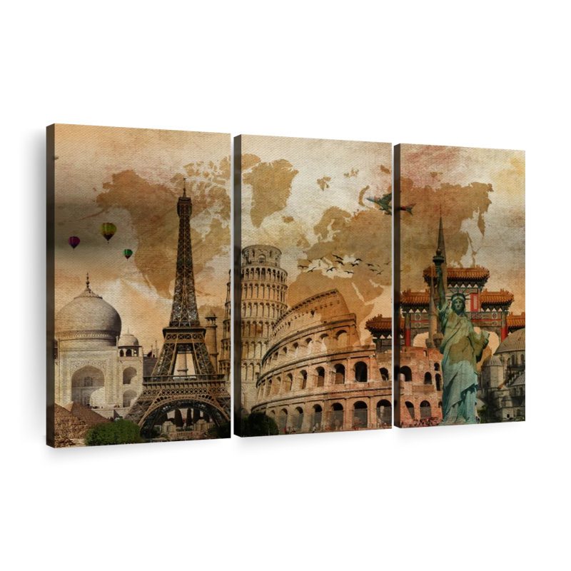 «Rustic Landmark World Map», reproduction sur toile, H 24 po x l 38 po x P 1,25 po