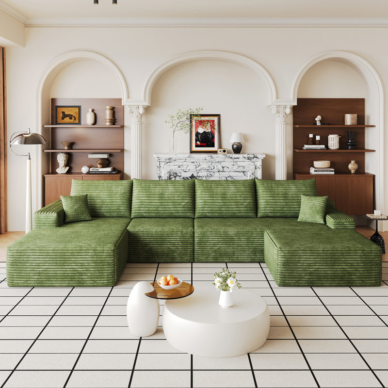 Canapé modulaire 135 po avec 1 repose-pieds Cloud, fauteuils rembourrés minimalistes modernes, canapé confortable en forme de U pour le salon, canapé d'angle à siège profond, sans assemblage requis, noir (tissu en velours côtelé moelleux), vert