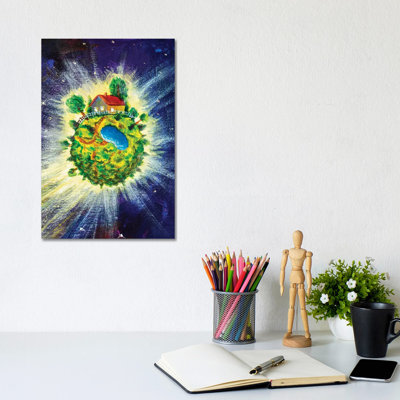 Small Cozy Green Planet With Village House 1 Piece Wrapped Canvas Wall Art