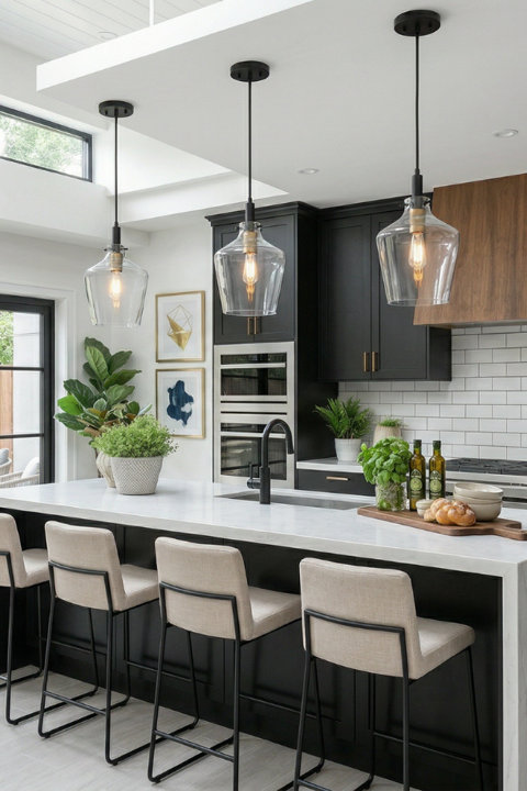 Modern kitchen with a white marble island, black cabinetry, and three glass pendant lights hanging above a row of four beige upholstered bar stools with black metal frames.