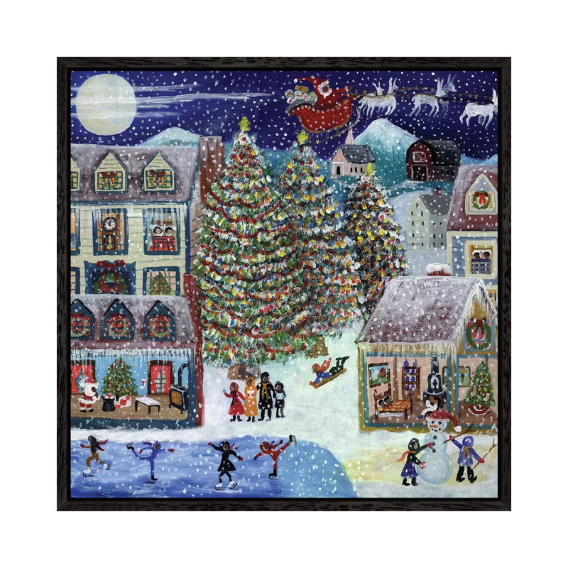 Santa Christmas Village by Cheryl Bartley - Print on Canvas, 45.72 cm H x 45.72 cm W, Black Framed