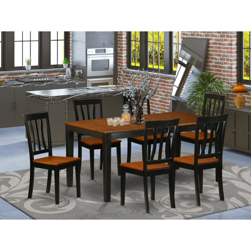 Ensemble de salle à manger 7 pièces composé d'une table de salle à manger rectangulaire avec rallonge papillon et 6 chaises en bois, noir et cerisier