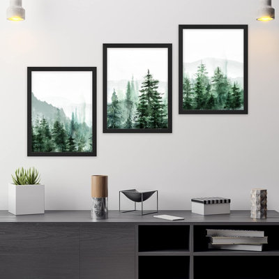 Woodland Forest Landscape Green Forest Pine Tree Nature Landscape Wall Art Framed 3 Pieces Print