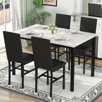 Modern Style 5-Piece Faux Marble Top Dining Table Set With 4 Faux Leather Upholstered Dining Chairs