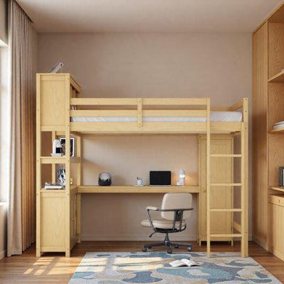Lit mezzanine en bois avec armoire et bibliothèque, grand lit mezzanine avec garde-robe et bureau pour enfants