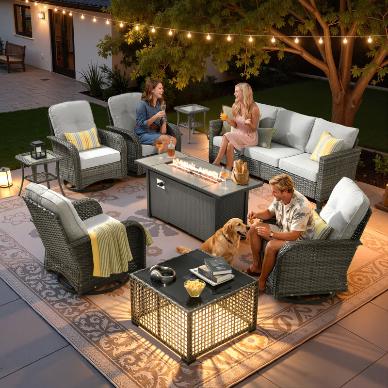 Ensemble de conversation d'extérieur 7 personnes avec chaises berçantes et pivotantes Jordanlee, Gris
