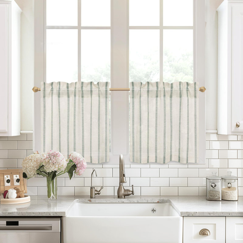 Farmhouse Kitchen Curtains Striped Tier Linen Short Curtains Pinstripe Cafe Curtains, 26" W x 24" L