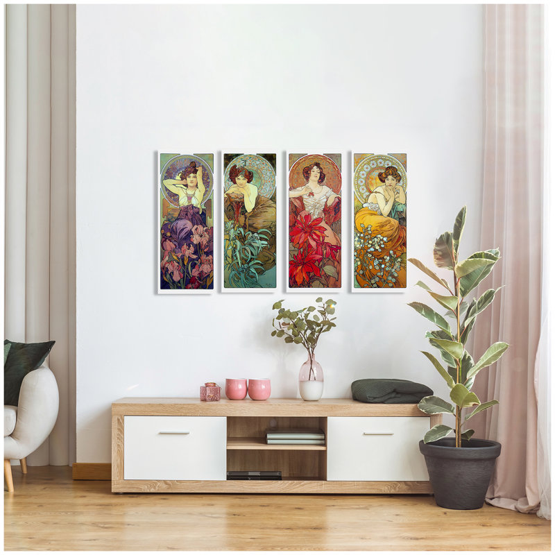 Les pierres précieuses par Alphonse Mucha, art mural pour décorations pour bureau à domicile, estampe numérique sur toile 30 x 12 pouces x 4 pièces (30 x 48 pouces)