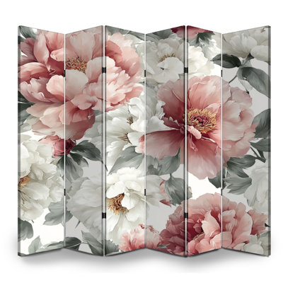 Paravent 6 panneaux à cloison pliable Royal Soft rose blanc pivoine à motif floral délicat feuilles vertes Toile séparateur de cloison autoportant