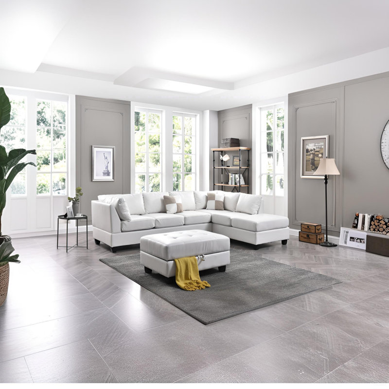 Canapé modulaire, Simili cuir blanc, Orienté à droite