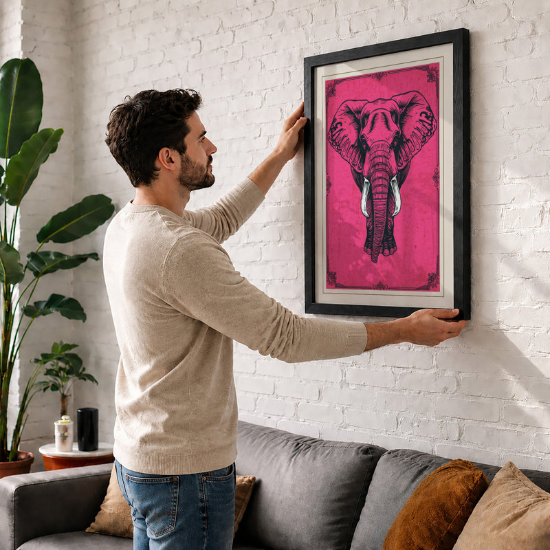Elephant Heraldic Art Deco - Framed Print, Black, A4 - 29.7 x 21.0 cm