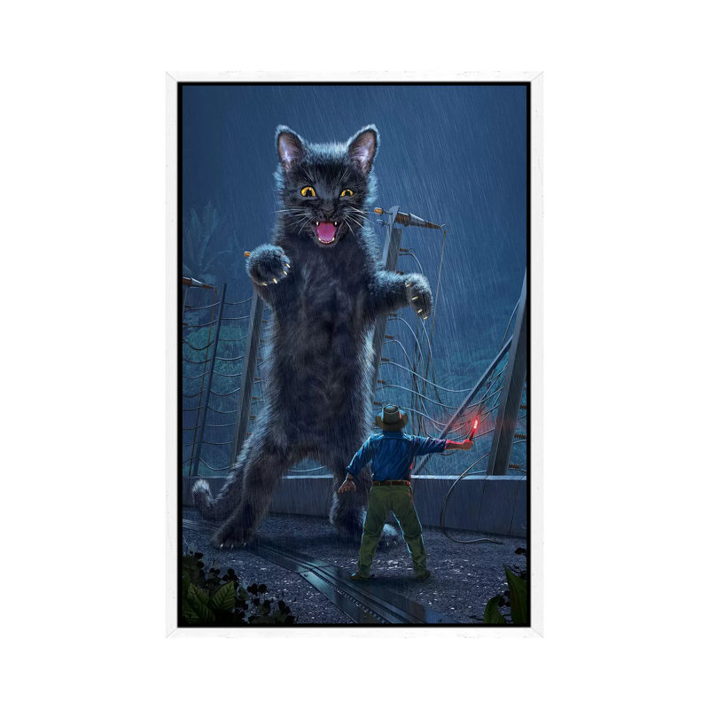 Jurassic Kitty by Vincent Hie - Painting on Canvas, 101.6 cm H x 66.04 cm W, White Framed Canvas