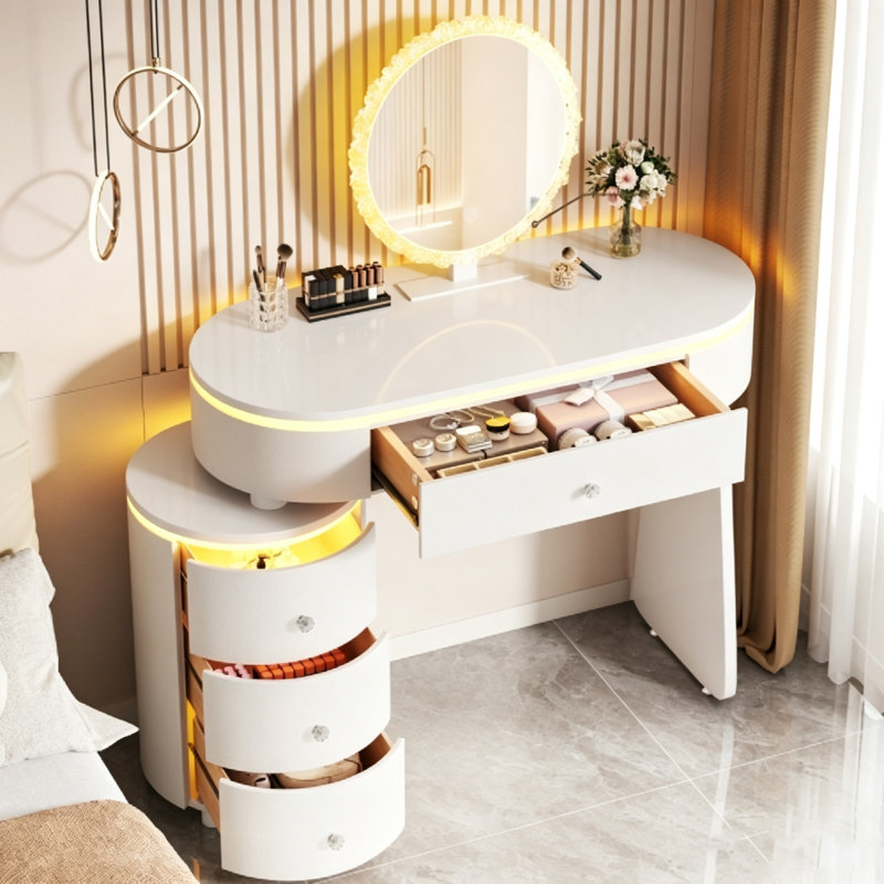 Petit meuble-lavabo Uwant avec plateau de table réglable et réversible, table de maquillage avec miroir amovible et armoire de rangement
