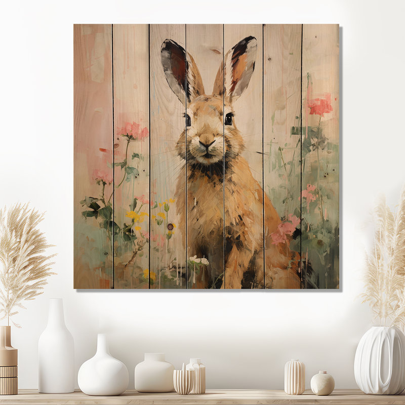 Curious Floral Rabbit Meadow III - Rabbit Animal On Wood Print, 15" H x 15" W