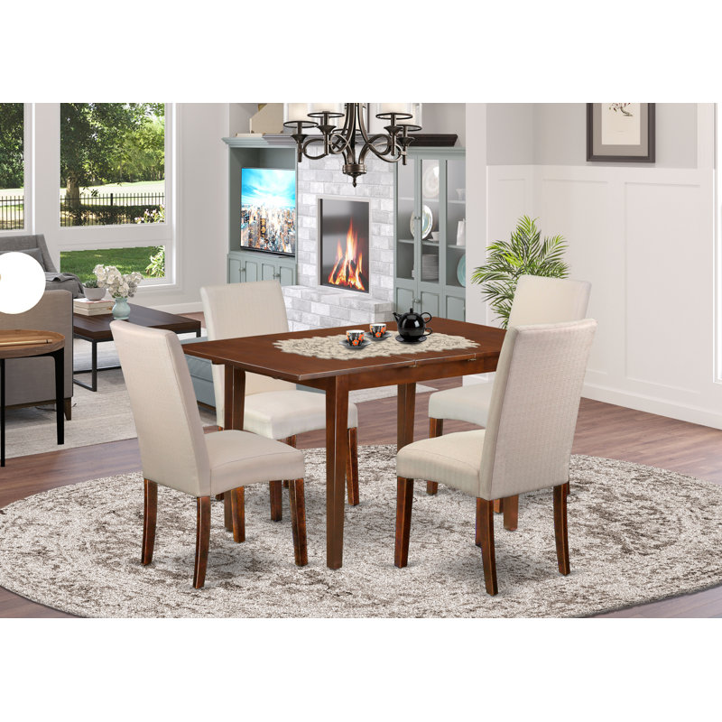 5 Piece Dining Room Table Set Includes a Rectangle Kitchen Table with Butterfly Leaf and 4 Cream Linen Fabric Parson Dining Chairs, Mahogany